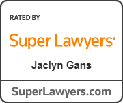 Super Lawyers badge featuring attorney Jaclyn T. Gans. The badge displays the orange Super Lawyers logo and website, signifying that the attorney has been selected through a patented multiphase selection process that includes independent research, peer nominations, and peer evaluations recognizing outstanding lawyers who have attained a high degree of professional achievement and peer recognition.