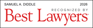 2026 Best Lawyers recognition badge featuring the name Samuel A. Diddle. The design includes 'Recognized by Best Lawyers' with 'Best Lawyers' in large red serif font and other text in black and gray on a white background.