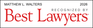 2026 Best Lawyers recognition badge featuring the name Matthew L. Walters. The design includes 'Recognized by Best Lawyers' with 'Best Lawyers' in large red serif font and other text in black and gray on a white background.
