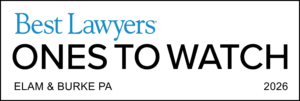 2026 Best Lawyers: Ones to Watch recognition badge for Elam & Burke PA. The design features 'Best Lawyers' in blue serif font above 'ONES TO WATCH' in bold black uppercase letters on a white background.