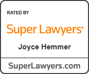 Super Lawyers badge featuring attorney Joyce Hemmer. The badge displays the orange Super Lawyers logo and website, signifying that the attorney has been selected through a patented multiphase selection process that includes independent research, peer nominations, and peer evaluations recognizing outstanding lawyers who have attained a high degree of professional achievement and peer recognition.