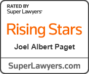 Super Lawyers Rising Stars badge featuring attorney Joel A. Paget. The badge includes the orange Rising Stars logo and SuperLawyers.com, indicating recognition through the Super Lawyers multiphase selection process involving independent research, peer nominations, and peer evaluations. The Rising Stars list honors top attorneys under 40 or with less than 10 years of practice who have demonstrated excellence in their field.