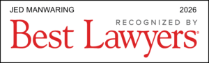 2026 Best Lawyers recognition badge featuring the name Jed W. Manwaring. The design includes 'Recognized by Best Lawyers' with 'Best Lawyers' in large red serif font and other text in black and gray on a white background.