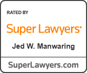 Super Lawyers badge featuring attorney Jed W. Manwaring. The badge displays the orange Super Lawyers logo and website, signifying that the attorney has been selected through a patented multiphase selection process that includes independent research, peer nominations, and peer evaluations recognizing outstanding lawyers who have attained a high degree of professional achievement and peer recognition.
