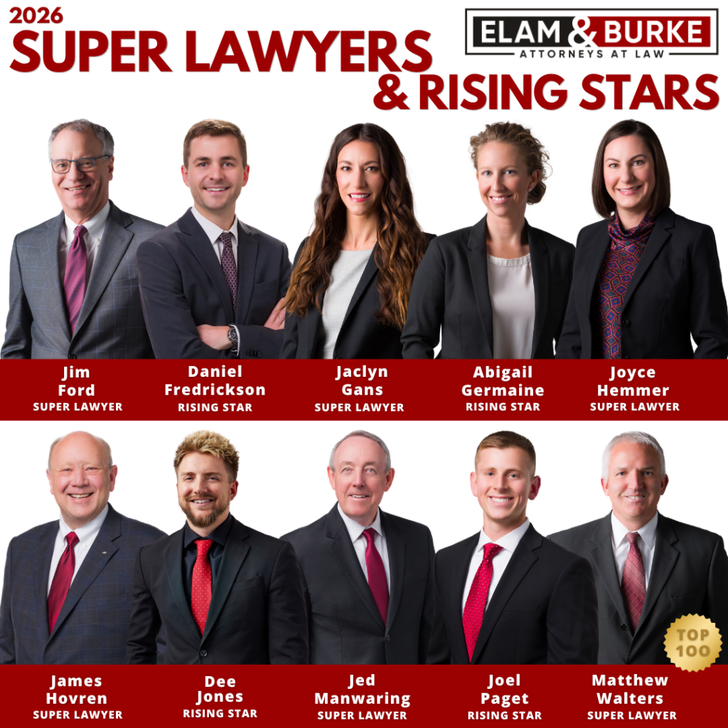 Graphic recognizing ten Elam & Burke attorneys selected to the 2026 Mountain States Super Lawyers and Rising Stars lists, with individual attorney portraits and a Top 100 badge for Matthew Walters.
